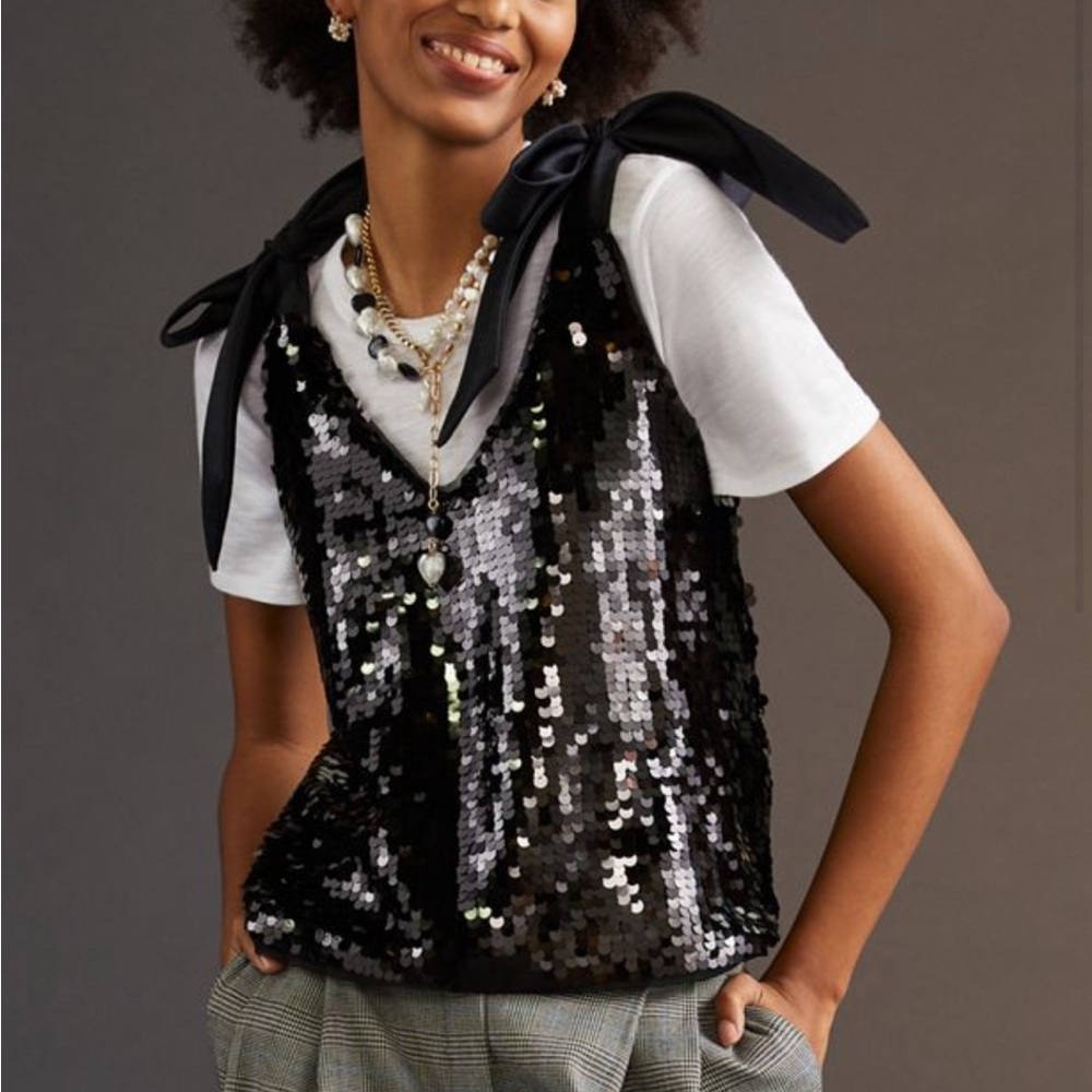 Anthropologie Maeve Sequined Tie-strap Tank Top Size L